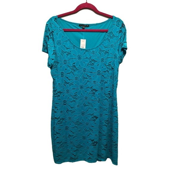 Tiana B Mini Sheath Dress Women Size L Blue Floral Lace Short Sleeve Round Neck - Picture 1 of 5